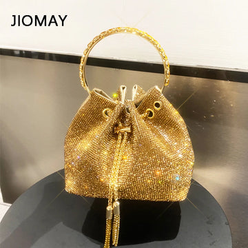 JIOMAY Rhinestones Handbag 2023 Women Luxury Elegant Crystal Tassel Handbags Round Handle Bucket Evening Bag with Chain (MLBK-03)