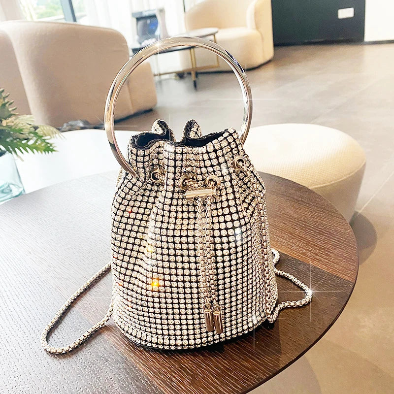 JIOMAY Rhinestone Purse and Handbag Crystal Bucket Bag for Women 2023 Ladies Fashion Ring Handle Drawstring Chain Crossbody Bags (MLBK-01)