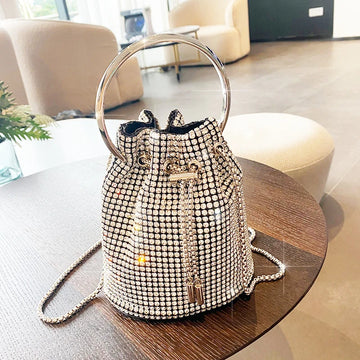 JIOMAY Rhinestone Purse and Handbag Crystal Bucket Bag for Women 2023 Ladies Fashion Ring Handle Drawstring Chain Crossbody Bags (MLBK-01)